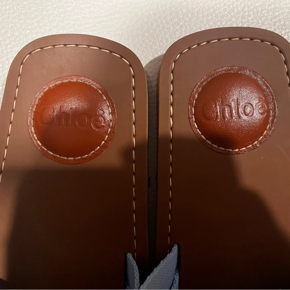 Chloe Light Blue Canvas/Brown Leather Woody Slide Sandals - Picture 2 of 8